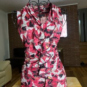 Classiques Entier y2k silk Red and Black Floral  ruffle sleeveless Blouse size M